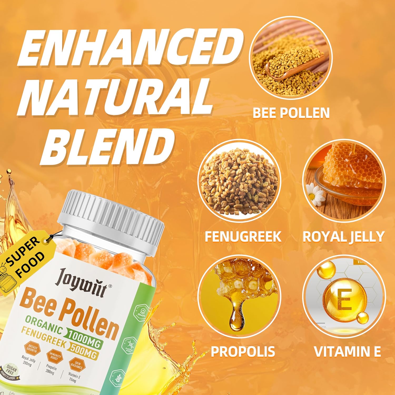 Bee Pollen 1000mg Sugar Free Gummies, w/Fenugreek, Royal Jelly, Propolis, Organic Bee Pollen Chewable Supplement for Women, Rich in Vitamin E, Immunity & Skin Care, 60 Counts