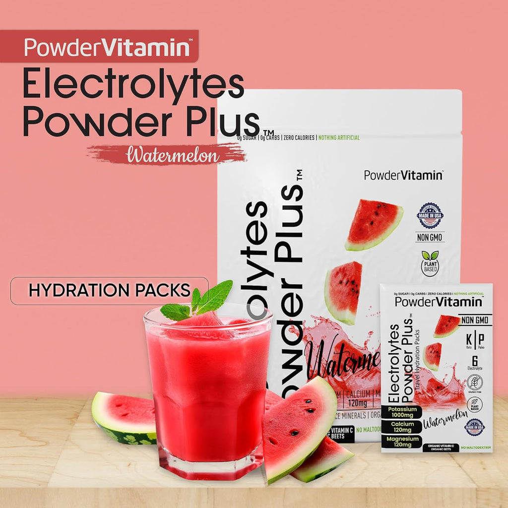 PowderVitamin Electrolytes Powder Plus, Keto, Watermelon, Sugar Free, Pink Himalayan Salt, 1000mg Potassium, 120mg Calcium, 120mg Magnesium, Non-GMO, Zero Calories, (16 Hydration Packets)