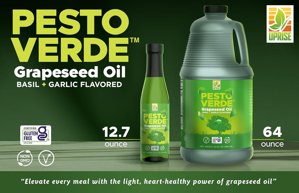 Pesto Verde Grapeseed Oil – 64 oz Bulk Bottle | Pesto Flavored Basil Oil for Cooking, Roasting, and Meal Prep | High Smoke Point | Plant-Based, Non-GMO, Gluten-Free, Heart-Healthy Kitchen Staple