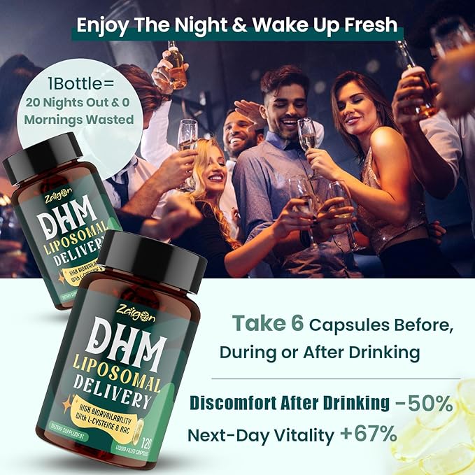 Zaigon Liposomal DHM Supplements, 1000mg dihydromyricetin with l-cysteine, Milk Thistle, Electrolytes, Ginger, NAC, L-Theanine & Vitamin B for Recovery After Drinking & Liver Support, 120 Capsules
