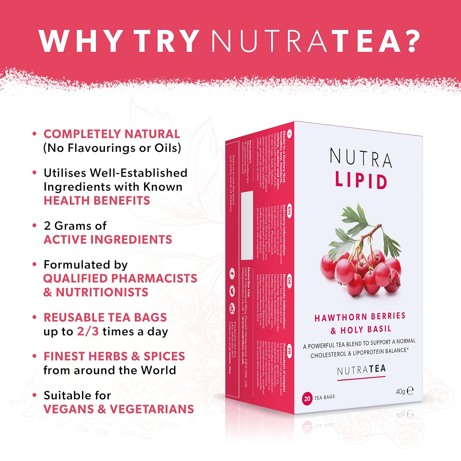 NUTRALIPID - Lipid Management Tea | Cholesterol Tea – Supports Cholesterol Levels and Heart Health – Includes Red Yeast Rice & Fenugreek - 40 Enveloped Tea Bags - by Nutra Tea - Herbal Tea - (2 Pack)