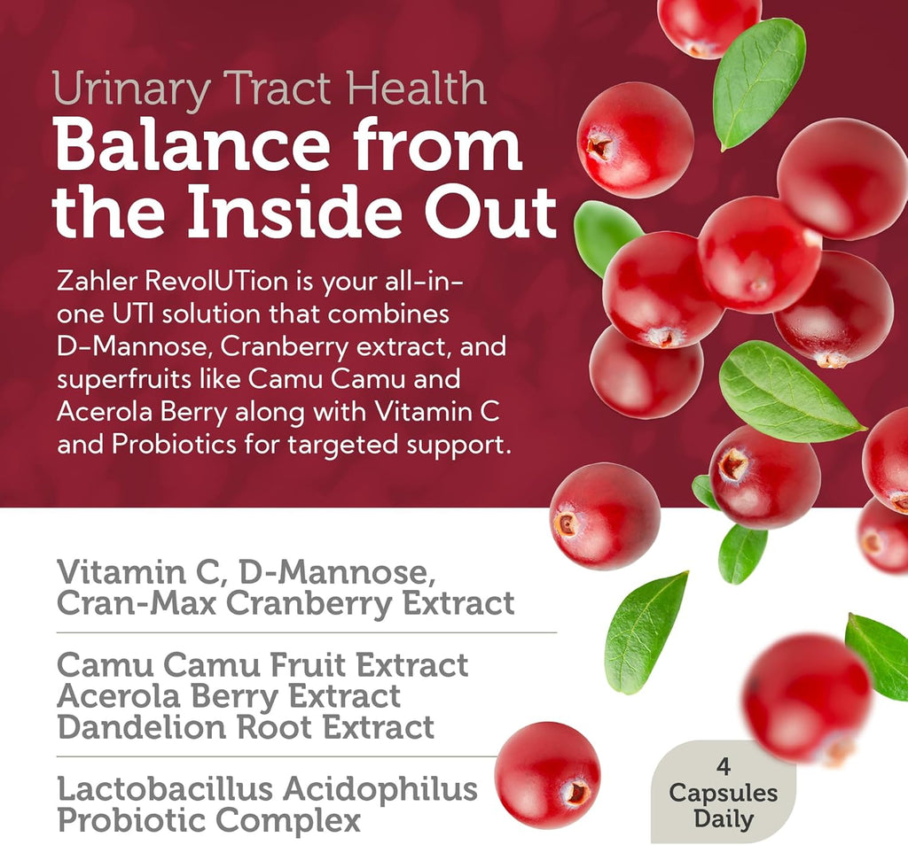 Zahler Revolution - Complete Womens Urinary Tract Health Formula with Probiotics - UTI Pills - 1200mg D-Mannose and Cranberry Supplement - Urinary Tract Infection Support for Women (60 Capsules)