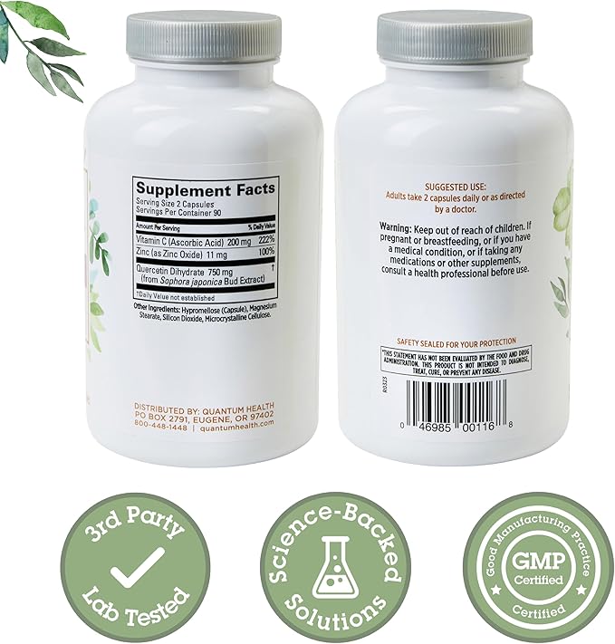 Quantum Health Quercetin+ 750mg Powerful Immune Support Supplement + Zinc 11mg & Vitamin C 200mg Seasonal Immunity Boost Respiratory Health & Gut Support Complex for Women & Men - 180 Capsules