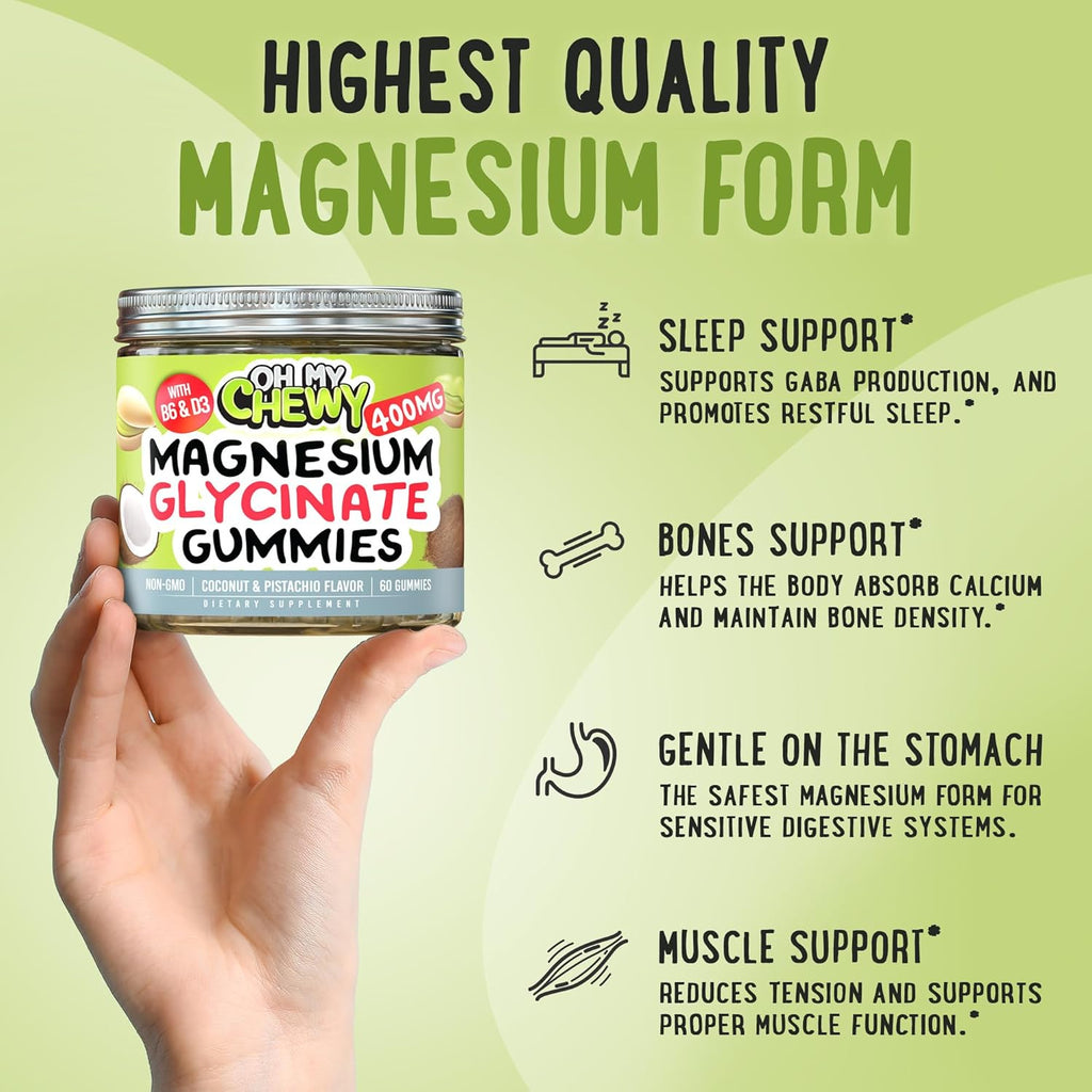 Center-Filled Magnesium Glycinate Gummies 400MG - High Absorption for Kids, Teens & Adults - Supplement for Sleep, Calm & Muscle Relaxation with B6 & D3 - Gluten Free & Vegan Friendly - 120 Count