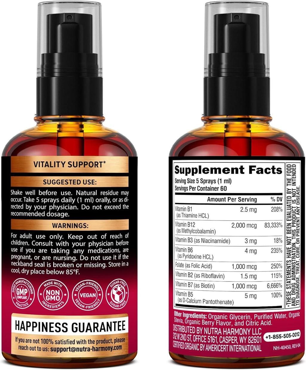 USDA Organic Vitamin B-Complex Liquid Spray 8-in-1 - B5 Pantothenic Acid | B12 Methylcobalamin | B1 Thiamine | B6 Pyridoxine | B7 Biotin | B9 Folic | B3 Niacinamide - Made in USA Supplement, 2fl oz
