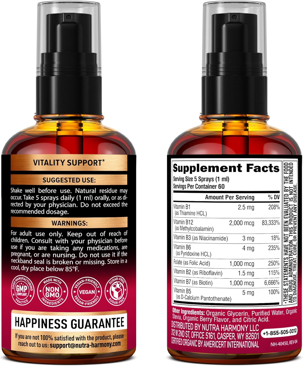 USDA Organic Vitamin B-Complex Liquid Spray 8-in-1 - B5 Pantothenic Acid | B12 Methylcobalamin | B1 Thiamine | B6 Pyridoxine | B7 Biotin | B9 Folic | B3 Niacinamide - Made in USA Supplement, 2fl oz