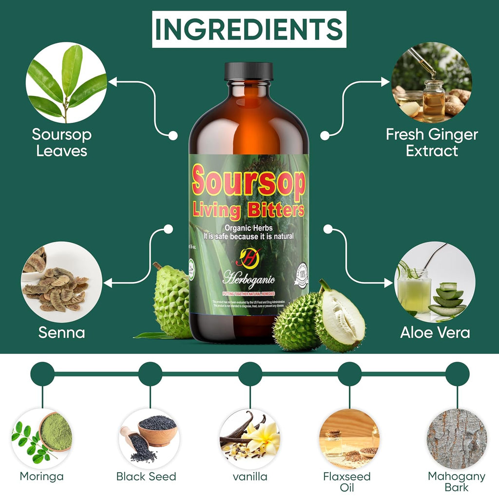 Herboganic Soursop Living Bitters for overall Health and wellness | Pack of 2 | 16 Oz