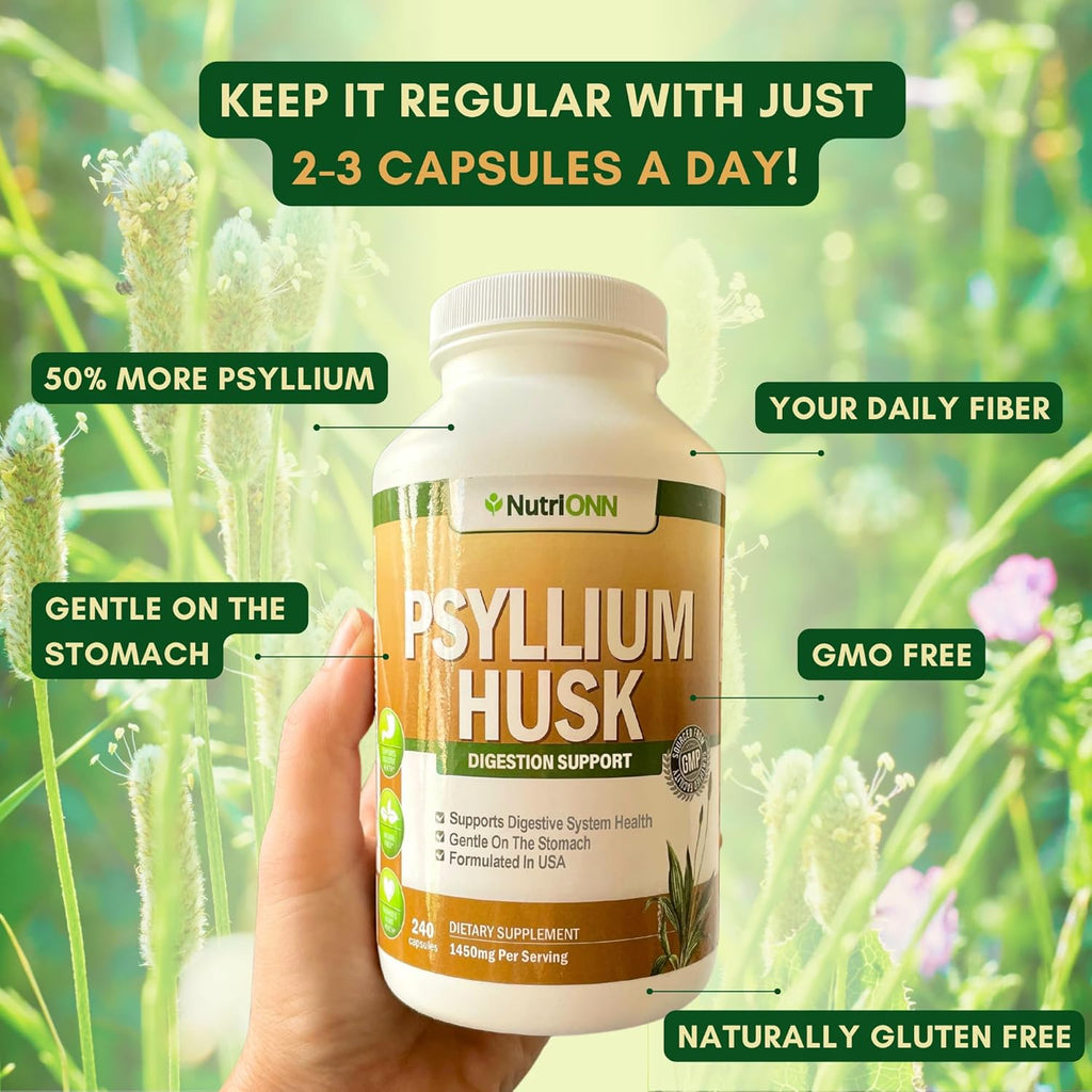 PSYLLIUM Husk Capsules - 1450mg Per Serving - 240 Capsules - Double Strength - Premium Psyllium Fiber Supplement - Great for Digestion and Regularity - 100% Natural Soluble Fiber