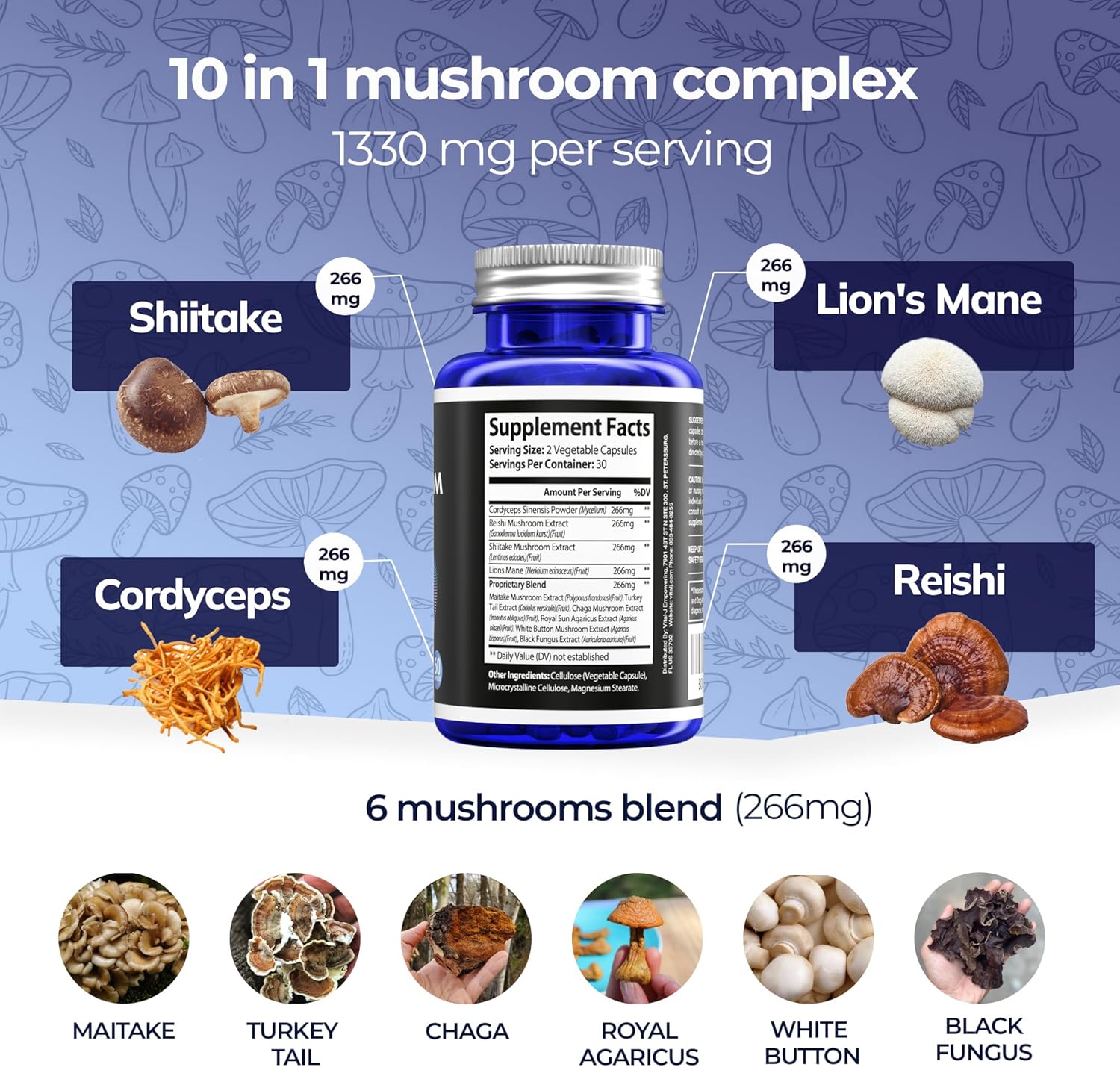 Mushroom Power Complex 10-in-1 W/Cordyceps, Reishi, Shiitake & Lions Mane, Nootropic Dietary Supplement for Gut Microbiome, Focus, Energy & Vitality - 120 Capsules Pack of 2