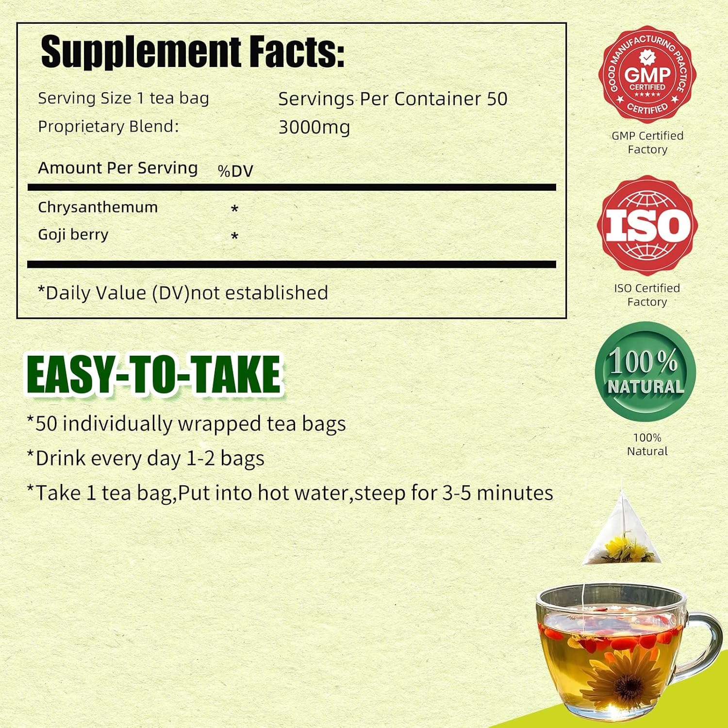 Eastrue Organic Goji Berry & Chrysanthemum Herbal Tea,50 Tea Bags,Kidney and Liver Detox Tea for Liver Kidney Cleanse Detox & Repair,Stress Relief & Better Sleep,Non-GMO,Caffeine-Free
