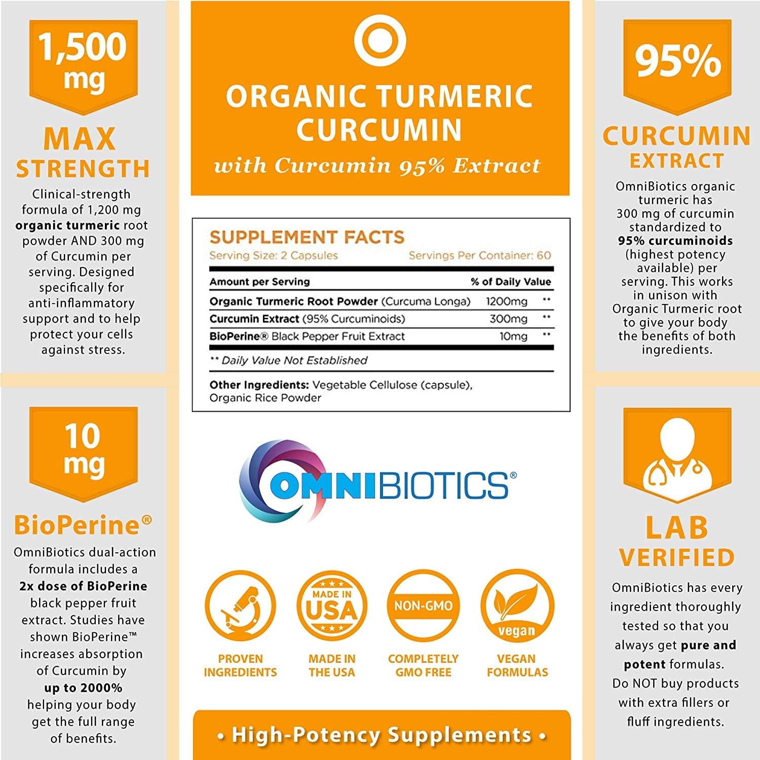 OmniBiotics Organic Turmeric Curcumin Supplement with Black Pepper Extract – 1500mg Turmeric with 95% Curcuminoids & BioPerine, High Absorption for Joint Support – 120 Vegan Capsules