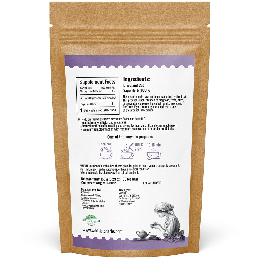100 Bags Dried Sage Herb Herbs Tea (Salvia officinalis) - 100 count Tea Bags Sage Herbal Tea