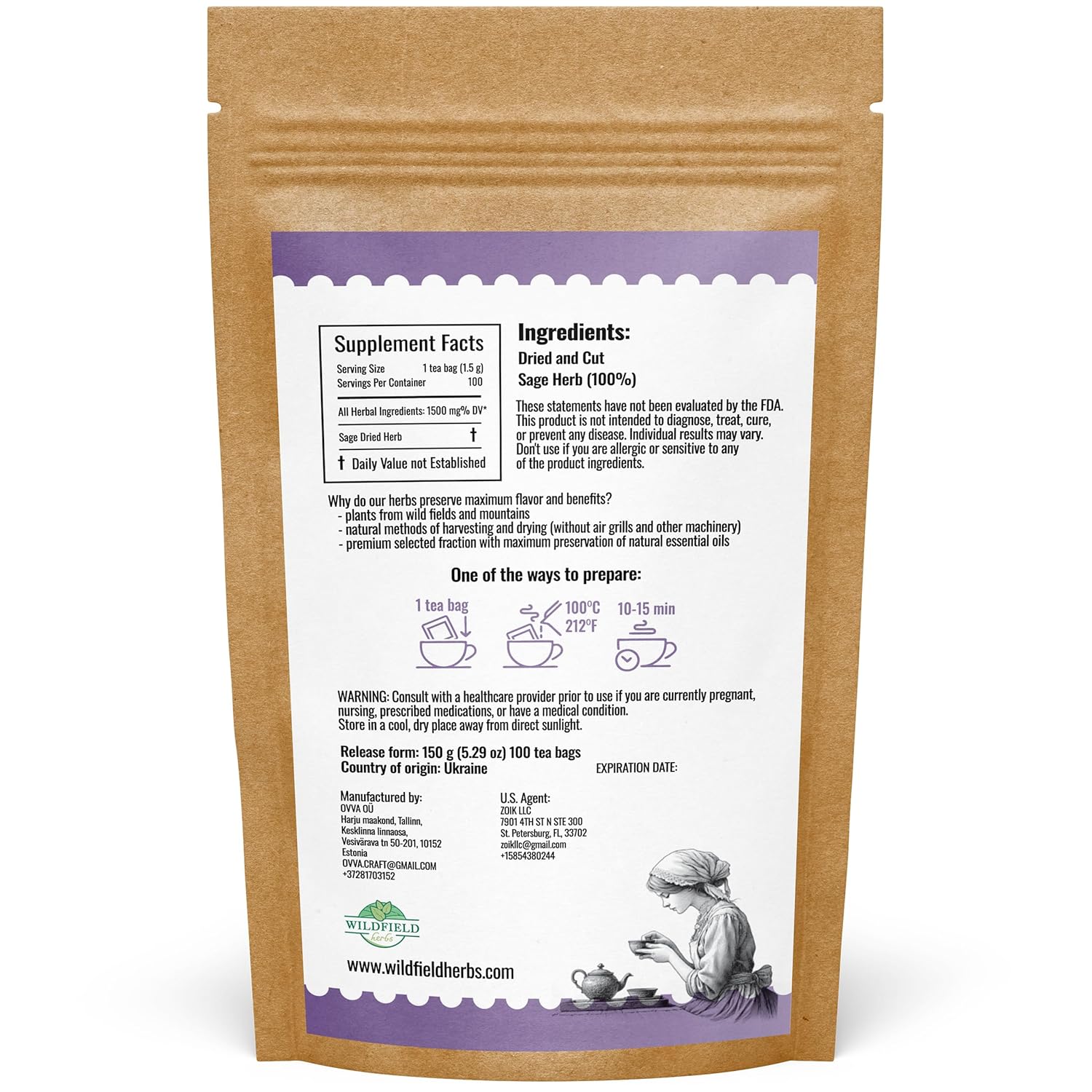 100 Bags Dried Sage Herb Herbs Tea (Salvia officinalis) - 100 count Tea Bags Sage Herbal Tea