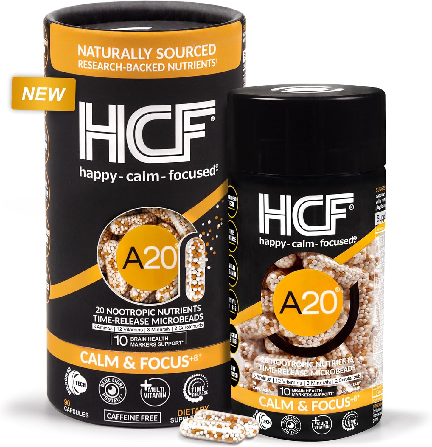 HCF A20 Microbead Brain Health Supplements for Adults for Memory, Focus, Calm, Mood, Alertness, Attention, Vision, Sleep, Immune System, 20 Premium Nootropic Nutrients Multivitamin & 7 Advances® Tech