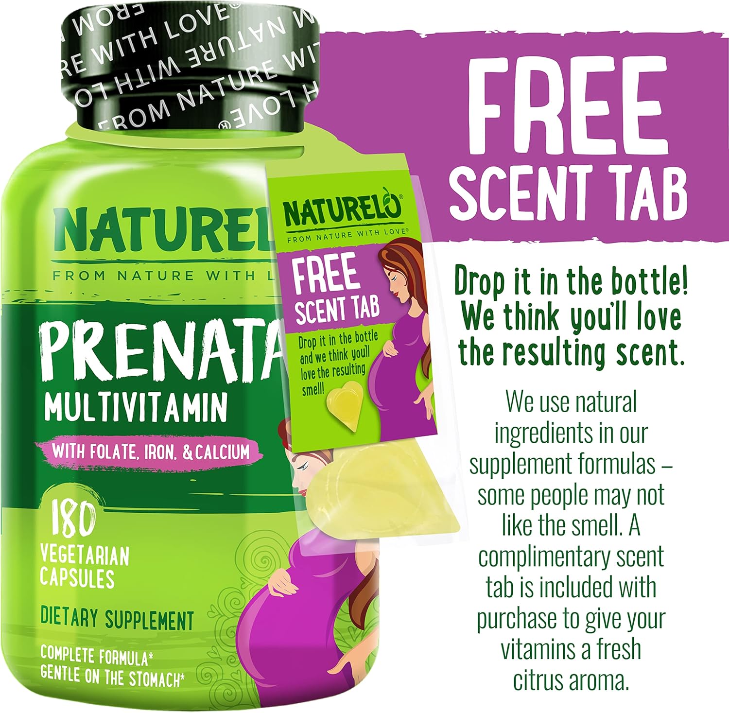 NATURELO Prenatal Multivitamin with Gentle Chelated Iron, Methyl Folate, Plant Calcium & Choline - Vegan, Vegetarian - Non-GMO - Gluten Free - 180 Capsules - 4 Month Supply (Pack of 2)