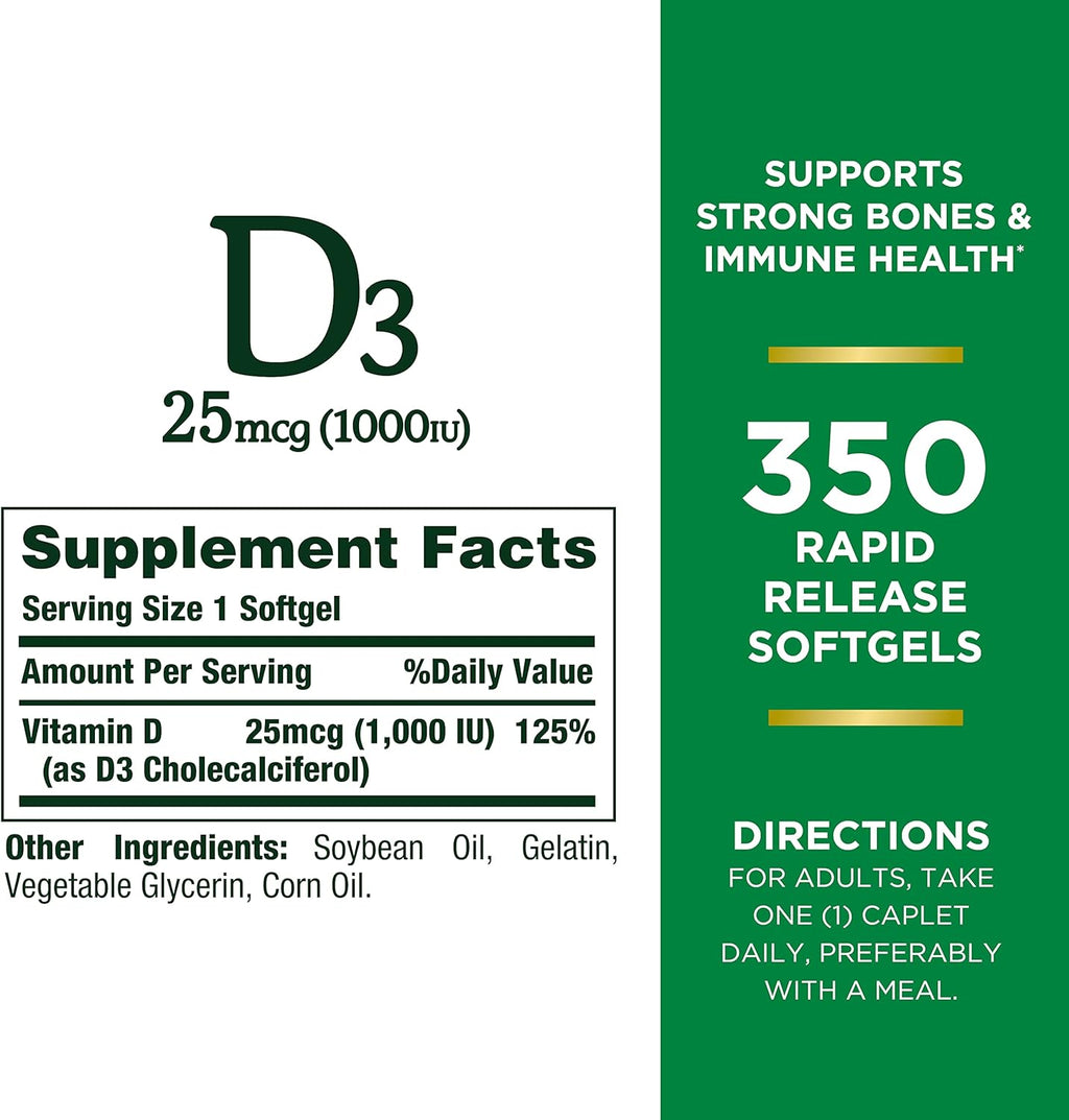 Nature's Bounty Vitamin D3 1000 IU Softgels, Immune Support, Promotes Healthy Bones, 1 Softgel per Day, Gluten Free, 350 Count