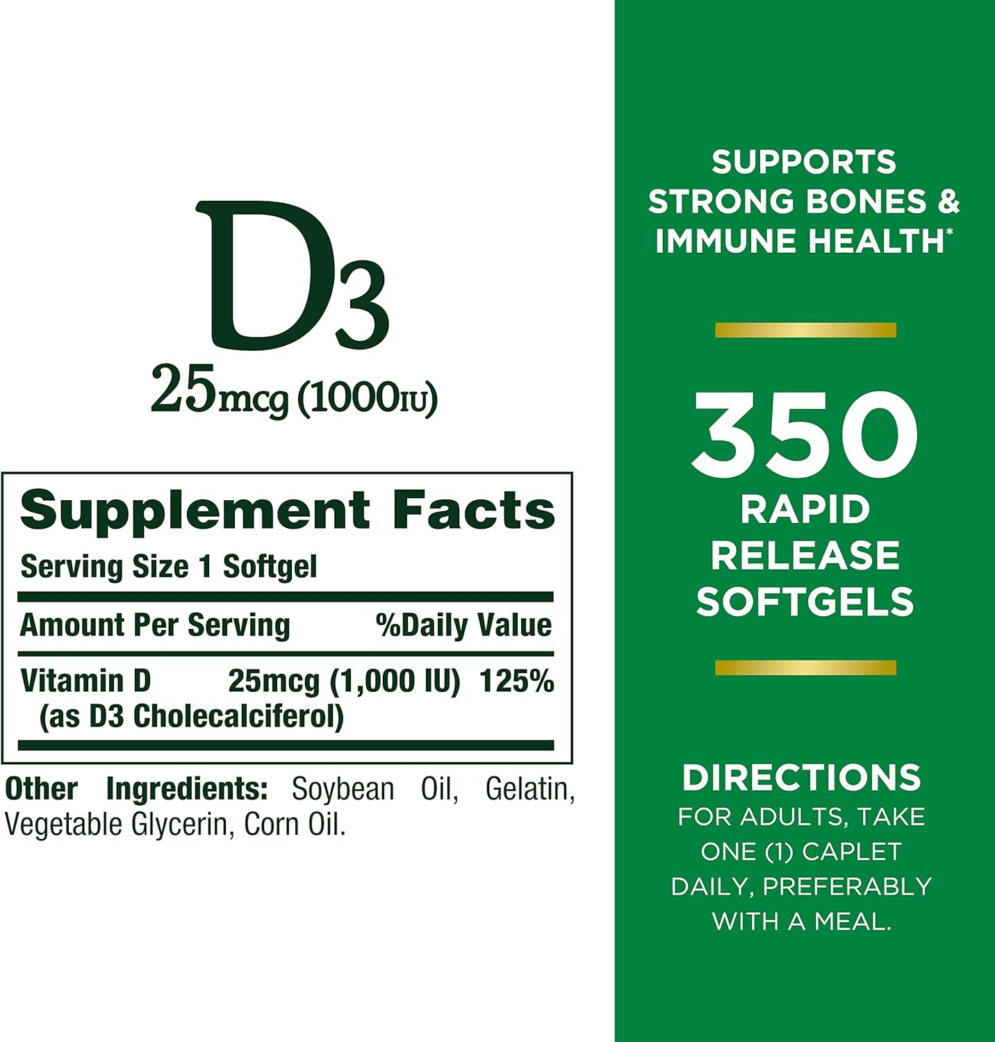 Nature's Bounty Vitamin D3 1000 IU Softgels, Immune Support, Promotes Healthy Bones, 1 Softgel per Day, Gluten Free, 350 Count