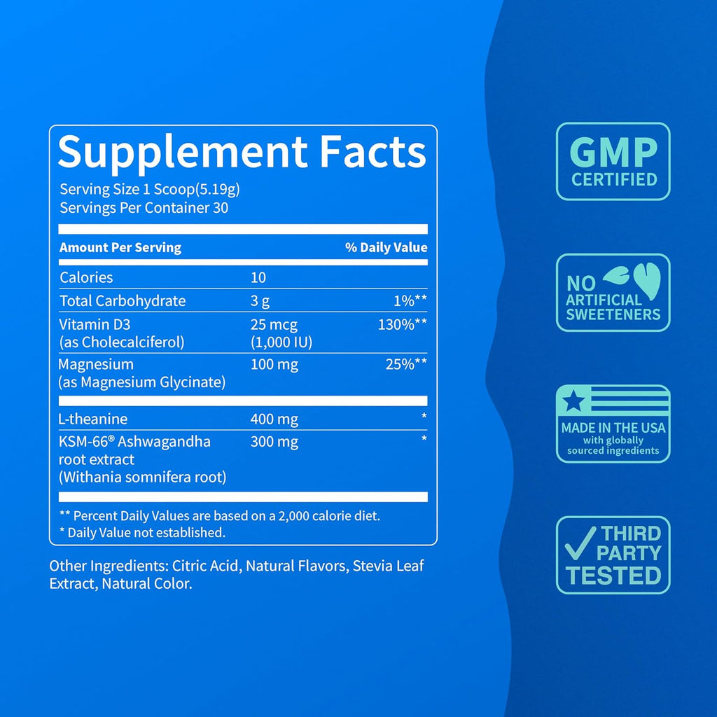 Nello Supercalm Powdered Drink Mix Tub, Cortisol Reducer* and Sleep Aid Supplement, L Theanine, Ksm-66 Ashwagandha, Magnesium Glycinate, Vitamin D 3, No Sugar, Non GMO, 30 Ct, BlackBerry Basil