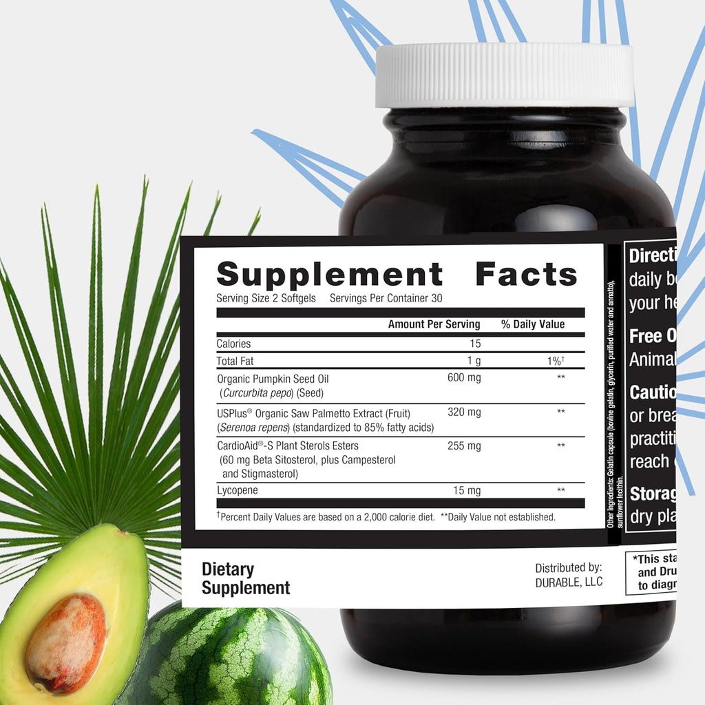 Durable Prostate – Organic USPlus Saw Palmetto + Beta-Sitosterol – Supports Men’s Prostate Health, Bladder Function & Flow– Doctor-Formulated, Made in USA – 30 Day Supply (60 Softgels)