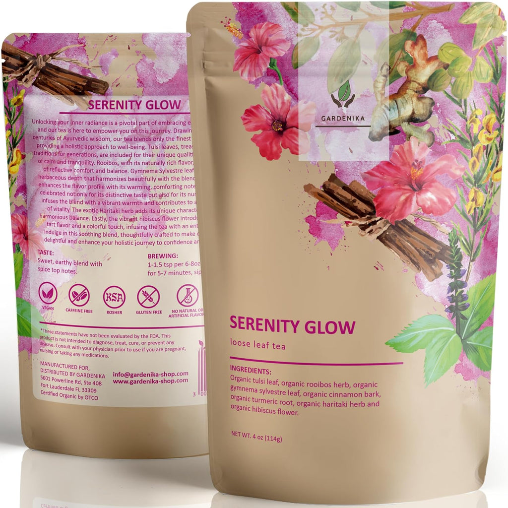 Gardenika Organic Serenity Glow Loose Leaf Tea, Herbal, Caffeine-Free, KSA Kosher, Ayurvedic Wellness Blend with Tulsi, Rooibos, Turmeric, Hibiscus – 4 oz (1 Pack)
