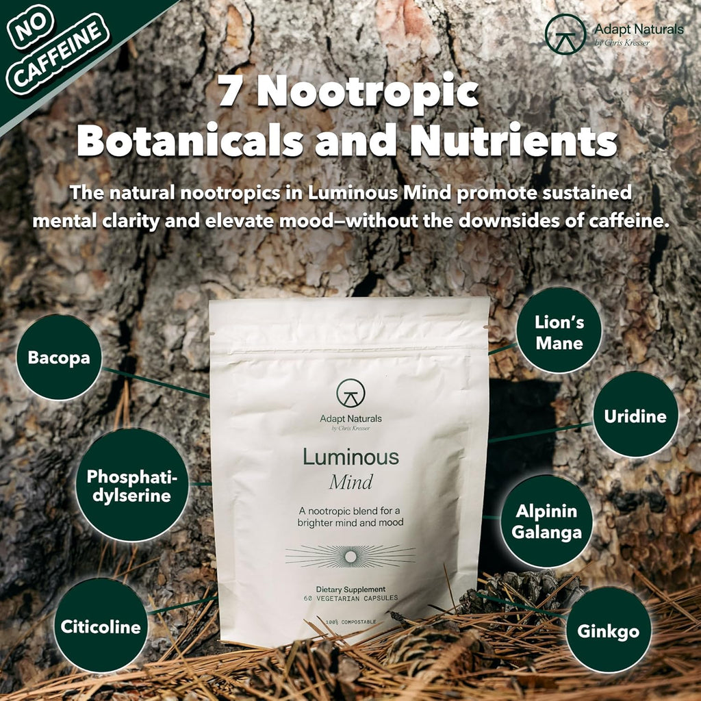 Adapt Naturals Luminous Mind Nootropic Brain Supplement with Ginkgo Biloba, Bacopa and Lions Mane | Memory, Focus, Mental Clarity and Elevated Mood Support | No Caffeine, Crash Free - 60 Days Supply
