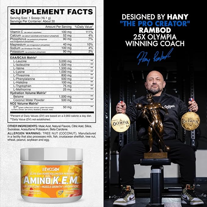 Evogen Amino K.E.M. - EAA & BCAA Powder Pump Volumizer | BCAAs Amino Acids Supplement for Blood Flow, Muscle Growth, & Hydration | Peach Mango | 30 Servings