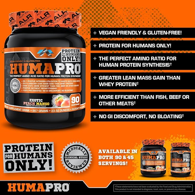 Humapro | Amino Acids Protein Matrix for Humans | 99% Utilization for Lean Muscle | Vegan, Gluten Free | 667g / 90 Servings (Exotic Peach Mango)