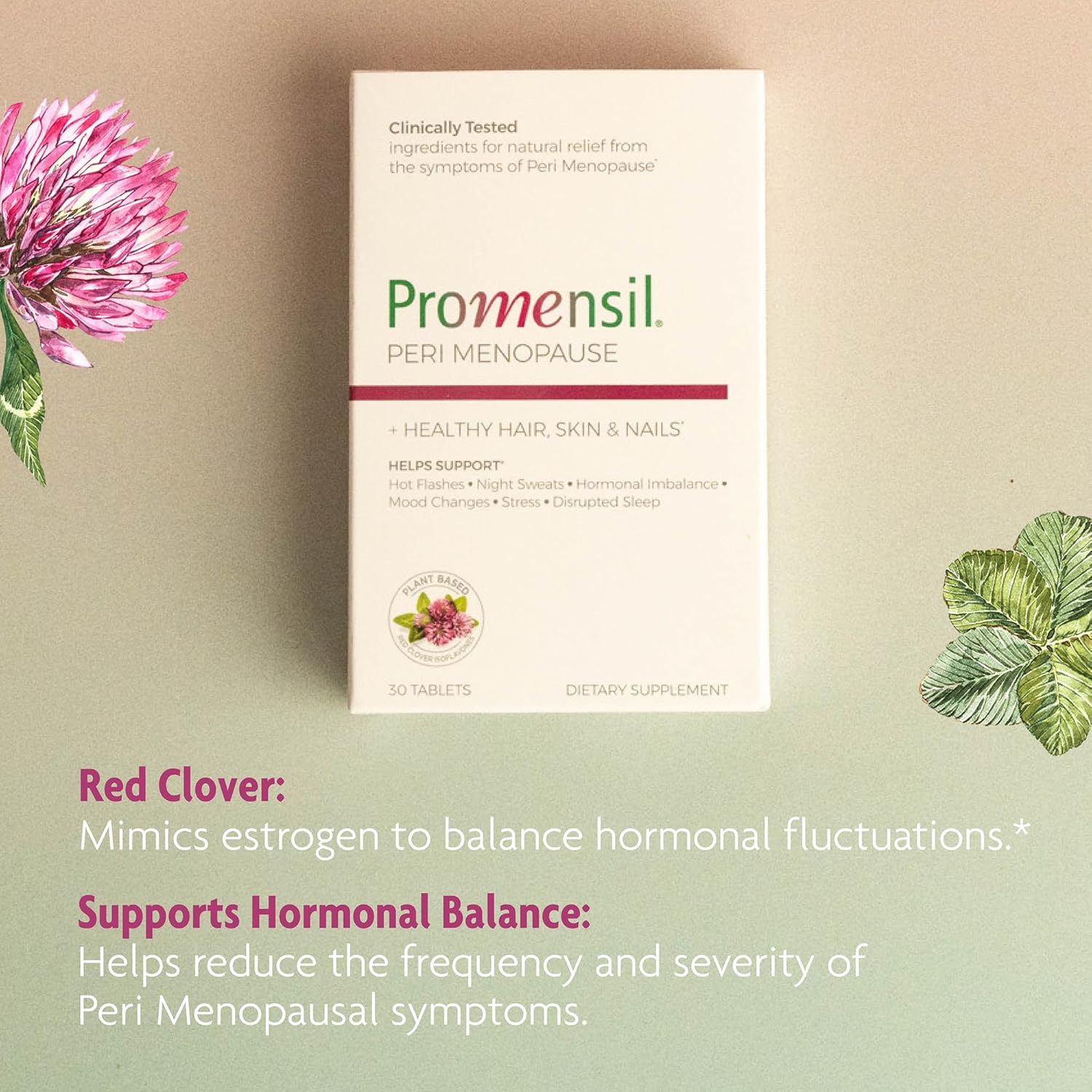 Promensil Perimenopause Supplements for Women- Red Clover Isoflavones Vitamins, Helps Support Hot Flashes, Night Sweats, Restlessness, Contains Biotin & Vitamin D- 30 Tablet Count, Pack of 1