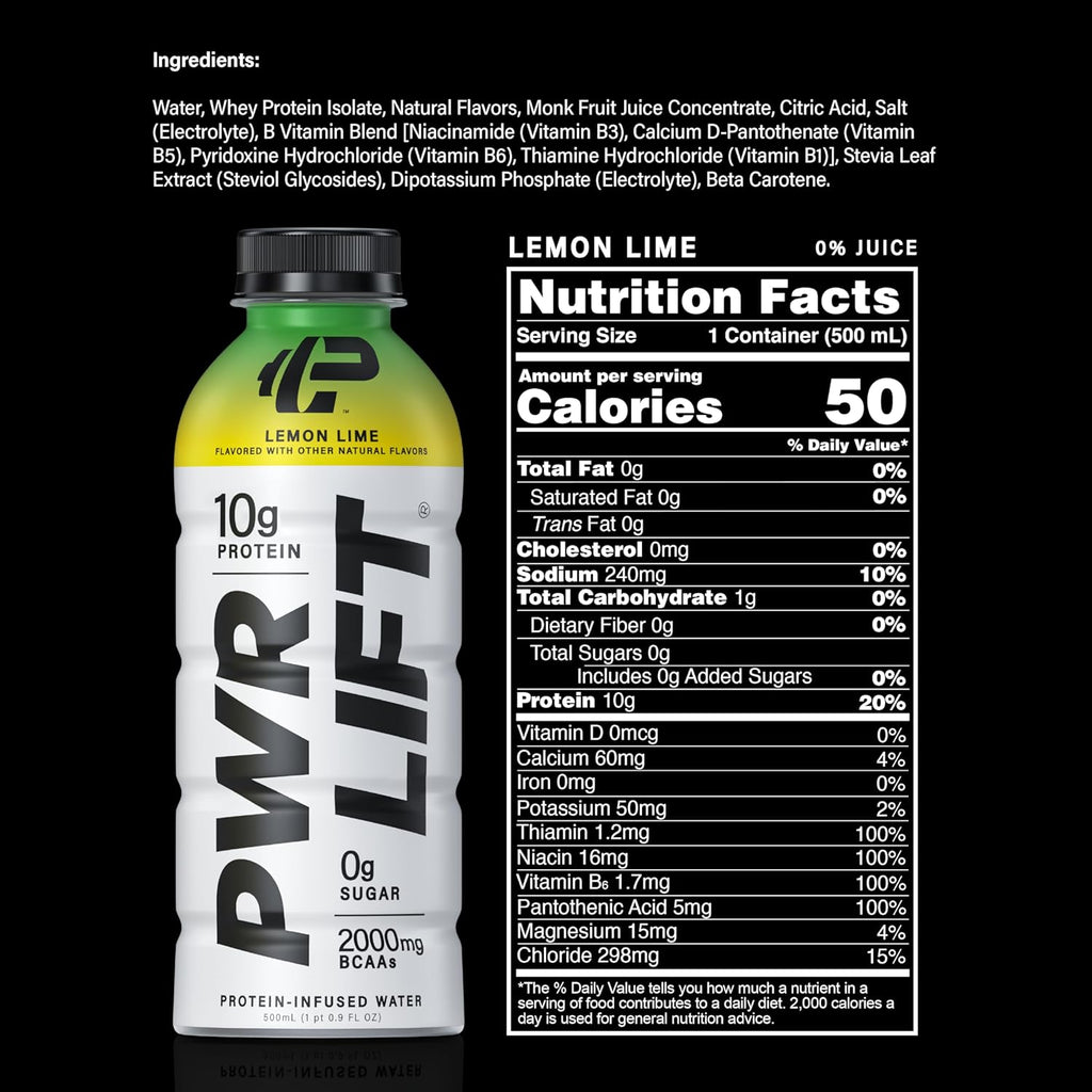 Whey Protein Water Sports Drink by PWR LIFT | Lemon Lime | Keto, Vitamin B, Electrolytes, Zero Sugar | Post-Workout Energy Beverage | 16.9 Fl Oz (Pack of 12)