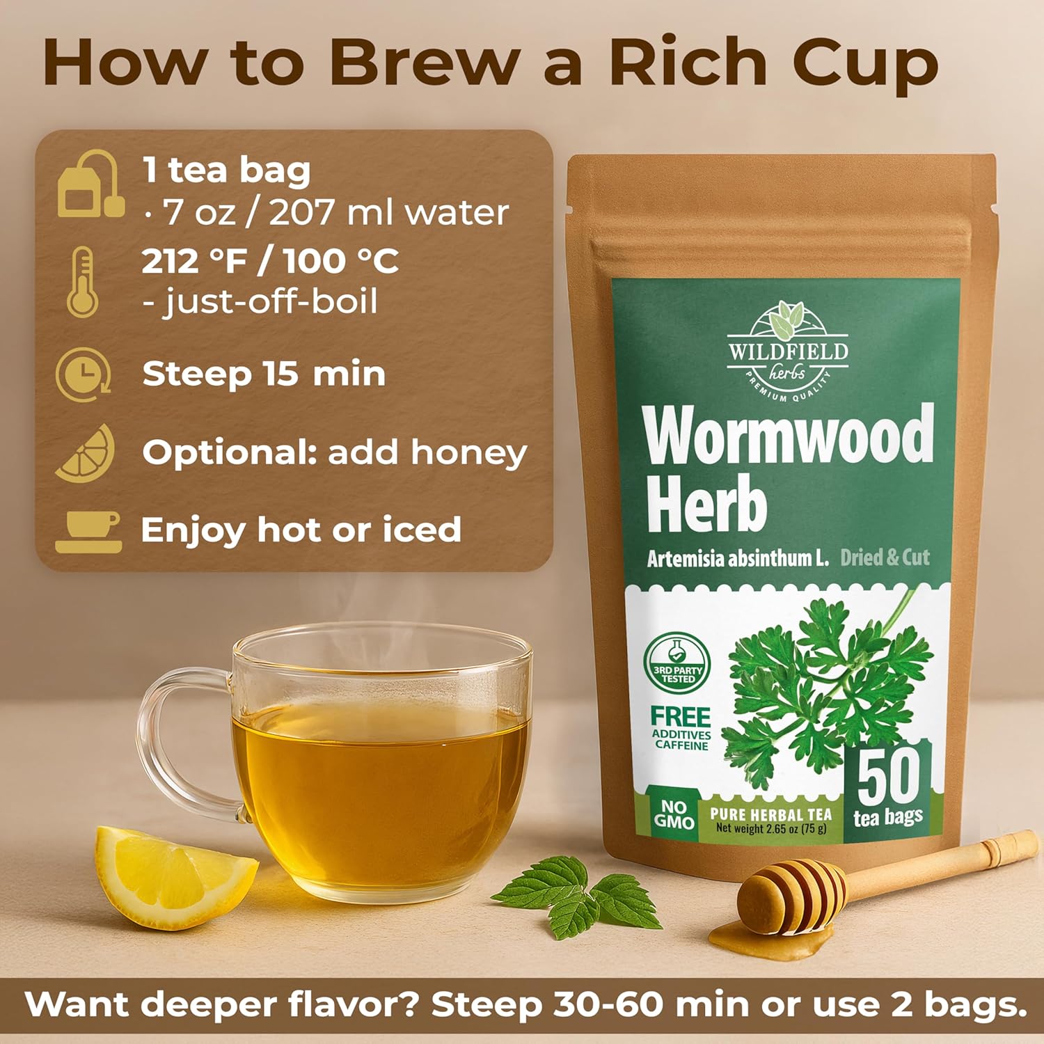 50 Bags Wormwood Herbal Tea (Artemisia Absinthum L.) – 50 Tea Bags 1.5g Absinthe Wormwood Herb