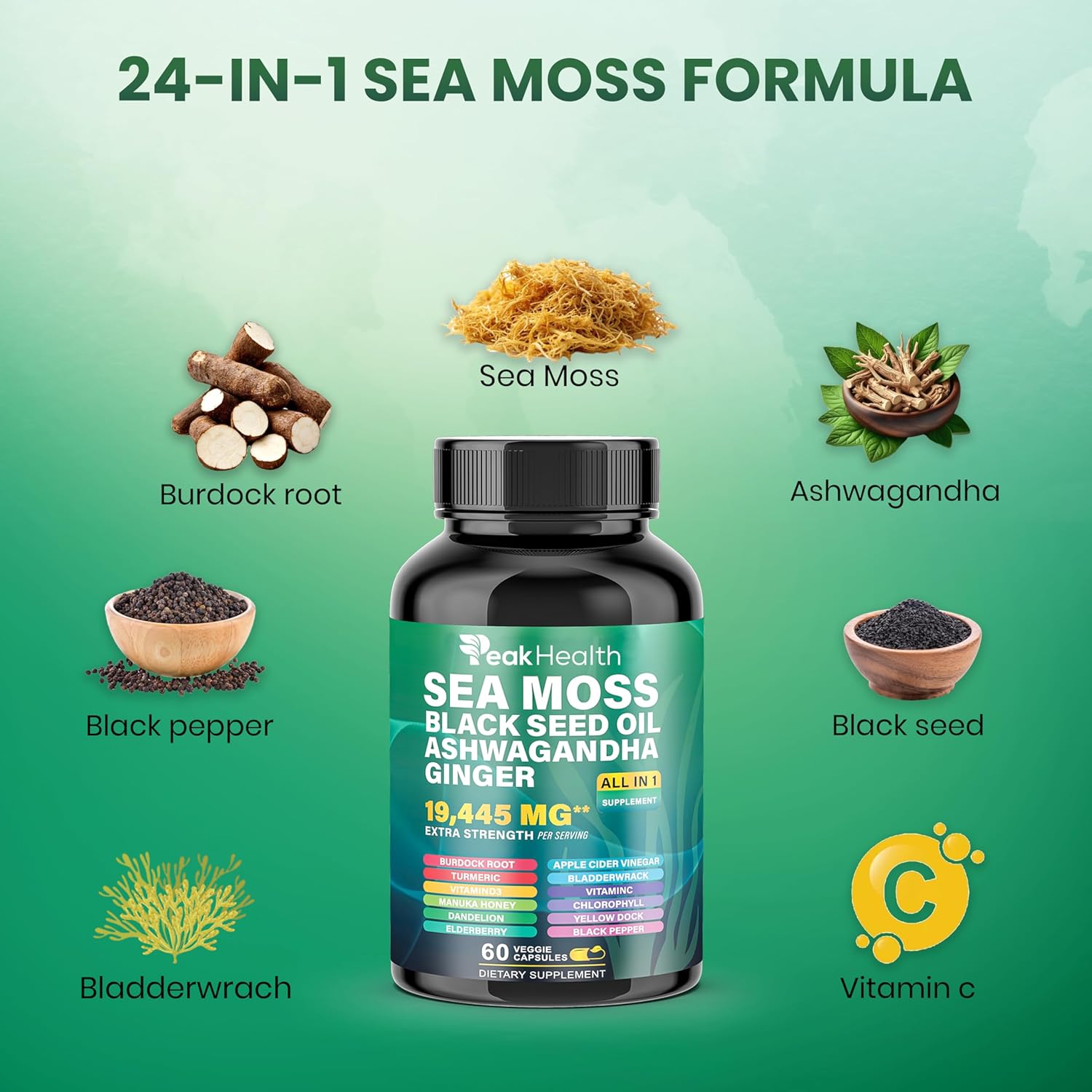 Shilajit Sea Moss Black Seed Oil Ashwagandha Capsules for Man Woman,2 Bottle Combo with Turmeric, Panax Ginseng, Rhodiola,19,445mg Herbal Formula,Energy & Immune Support, 60 Capsules,Easy to Swallow