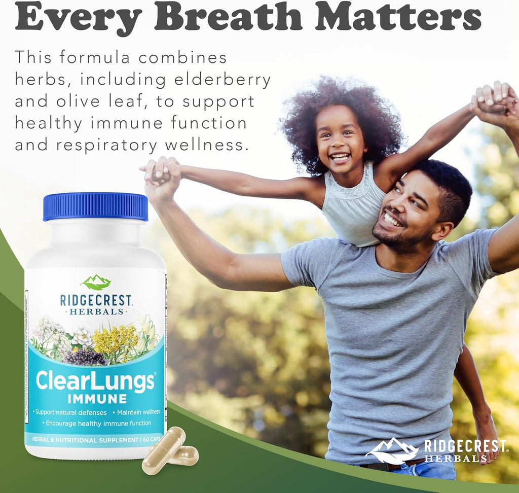Ridgecrest Herbals ClearLungs Immune, Lung Support Supplement with Mullein, Elderberry, Zinc, Vitamin C, Vitamin A, Olive Leaf (60 Caps, 30 Serv)