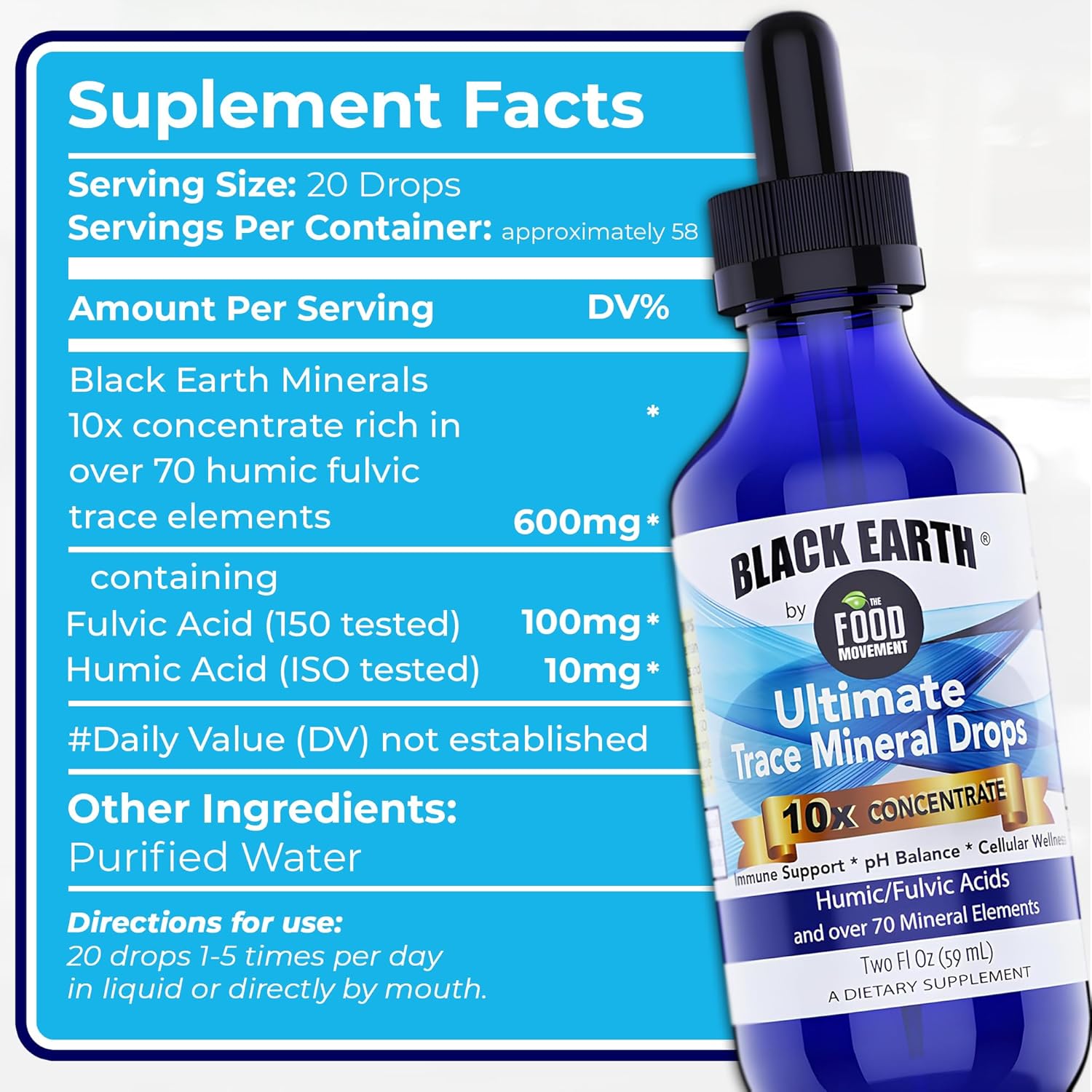 Black Earth Ultimate Trace Minerals 10x Strength, Fulvic Acid & Humic Acid, Non GMO Vegan 2 Ounce Dropper - Ideal Supplement for Athletes