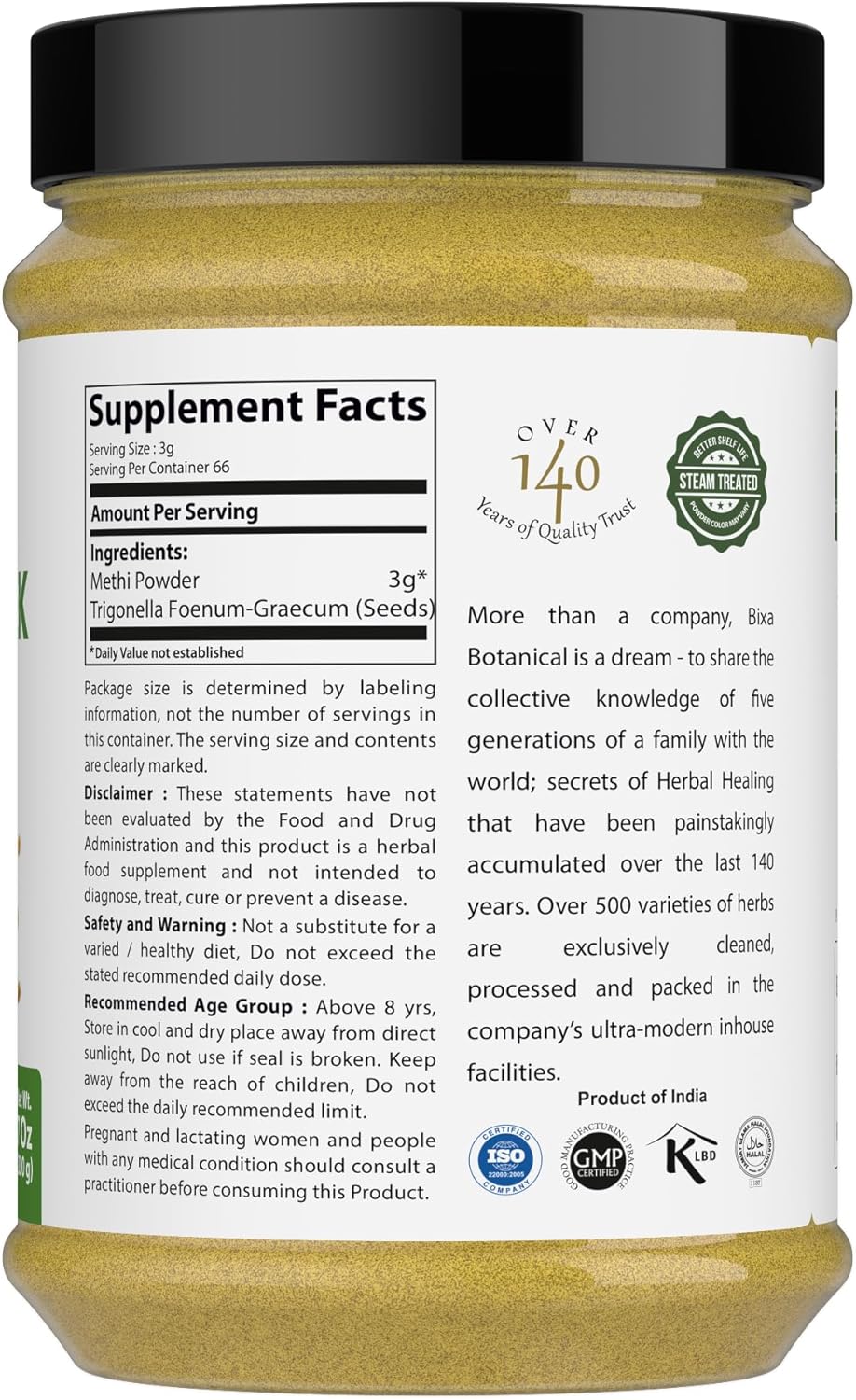 bixa BOTANICAL Fenugreek Powder | Trigonella foenum ǀ Ayurvedic Herbal Supplement | 200 Grams / 7 OZ | Gluten Free, Non-GMO, Steam Treated, Vegan, 100% Pure.