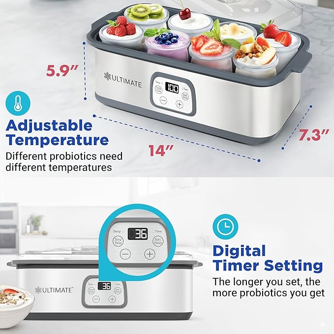 Ultimate Probiotic Yogurt Maker with Adjustable Temperature & Time Control - Make Trillions of Live Probiotics & Get Better Gut Health - ULTIMATE LIFETIME WARRANTY - Wellness Gifts for Men & Women