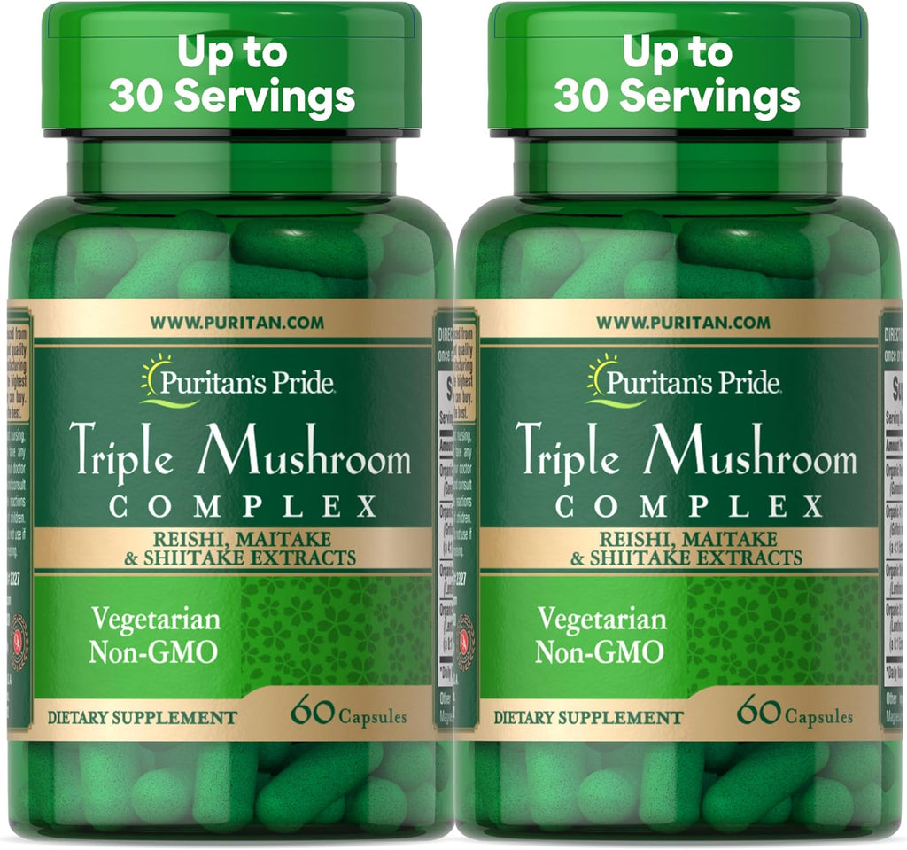 Puritan's Pride Triple Mushroom Complex, Reishi, Maitake & Shiitake Extracts, Organic Mushroom Extracts, 60 Vegetarian Capsules 2-Pack - 120 Capsules