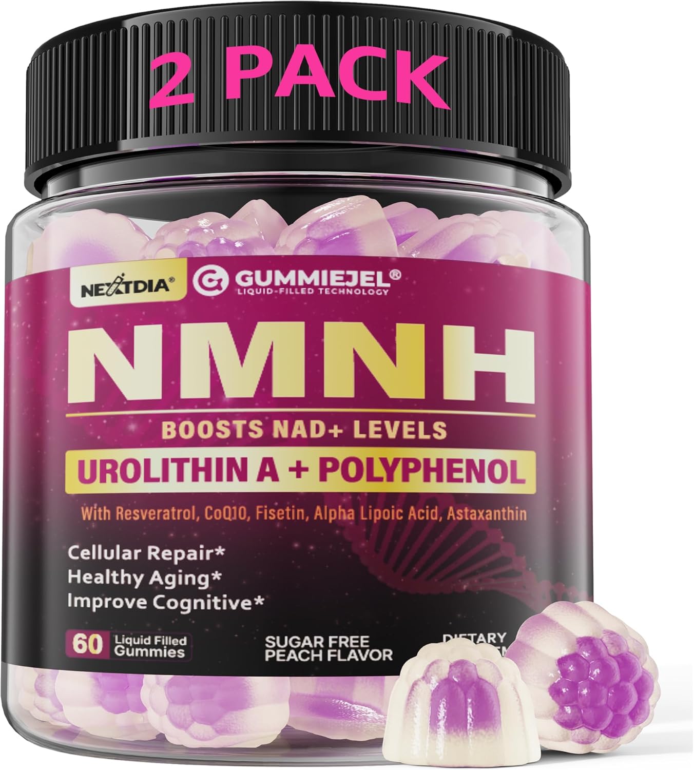 NAD+ Supplement for Women & Men, NMNH Gummies with Urolithin A, Polyphenol Complex, Resveratrol, Ultra Strength Optimized Aging, Cell Regeneration, Longevity, DNA Repair, Focus, Sugar Free, 120ts