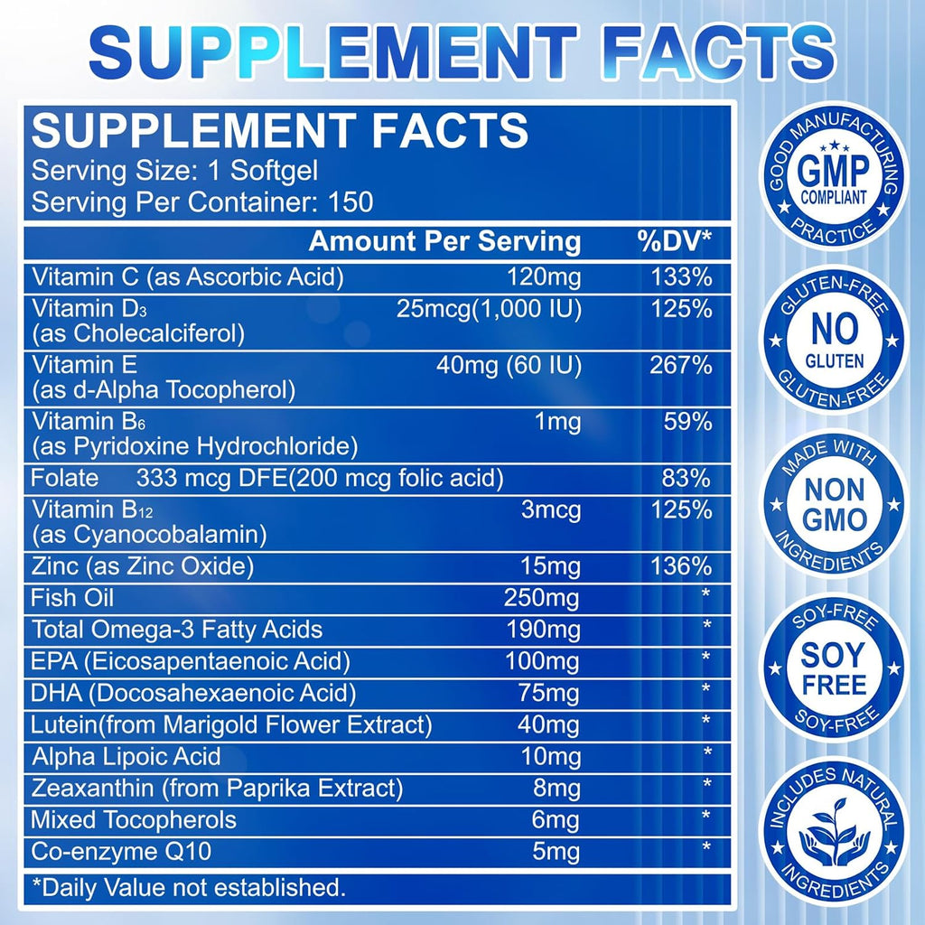 Lutein and Zeaxanthin Supplement - Eye Vitamins, 40 mg Lutein & 8 mg Zeaxanthin with Vitamins C, E, Zinc, Omega-3 & CoQ10 for Blue Light Protection, Eye Health Support, Eyebright  - 150 Softgels
