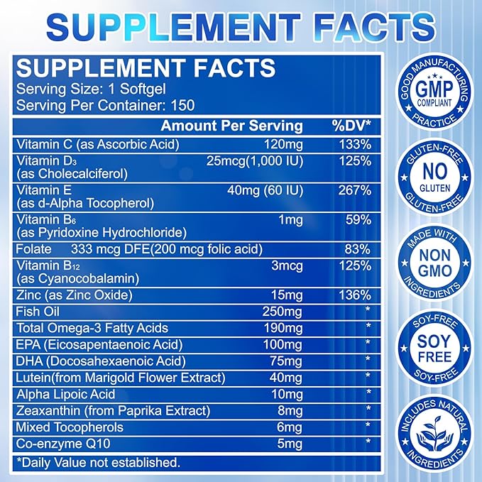 Lutein and Zeaxanthin Supplement - Eye Vitamins, 40 mg Lutein & 8 mg Zeaxanthin with Vitamins C, E, Zinc, Omega-3 & CoQ10 for Blue Light Protection, Eye Health Support  - 450 Softgels