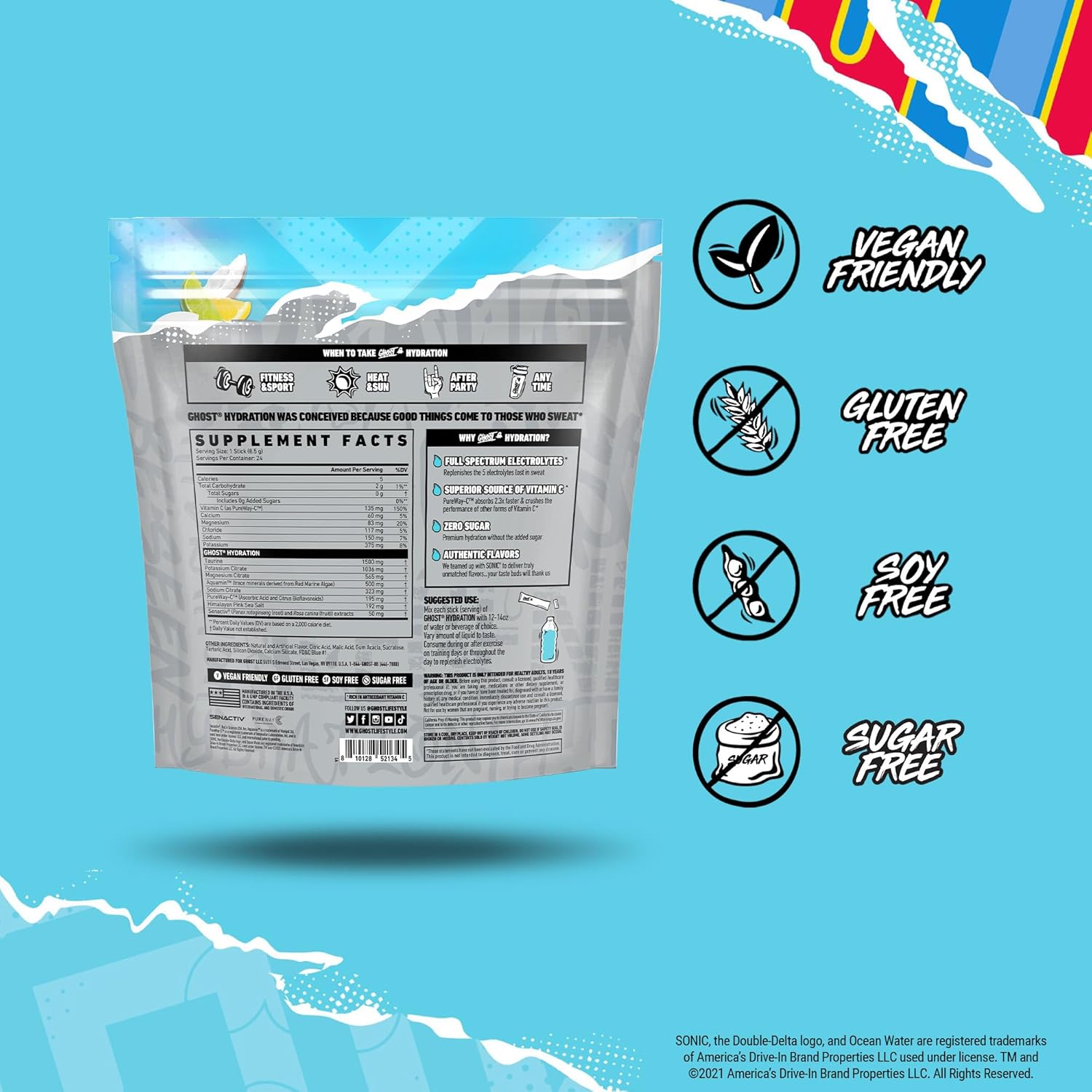 GHOST Hydration Packets, Sonic Ocean Water, 24 Sticks, Electrolyte Powder - Drink Mix Supplement with Magnesium, Potassium, Calcium, Vitamin C - Vegan, Free of Soy, Sugar & Gluten
