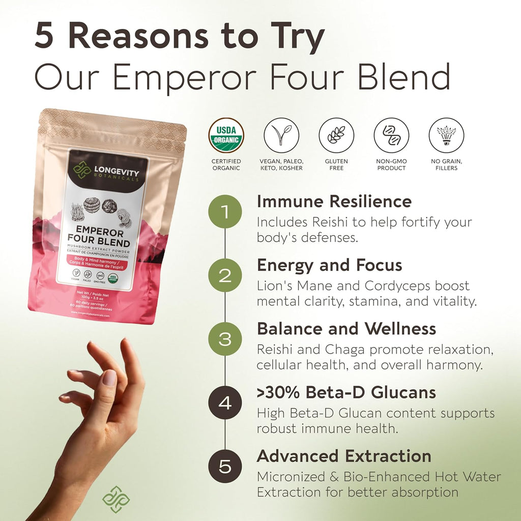 Organic Emperor 4 Powder Mushroom Blend Supplement 100g | Fruiting Body Extract Complex | With Lions Mane, Cordyceps, Chaga & Reishi | 20% Beta-D Glucans | Cognition, Immunity & Energy Support