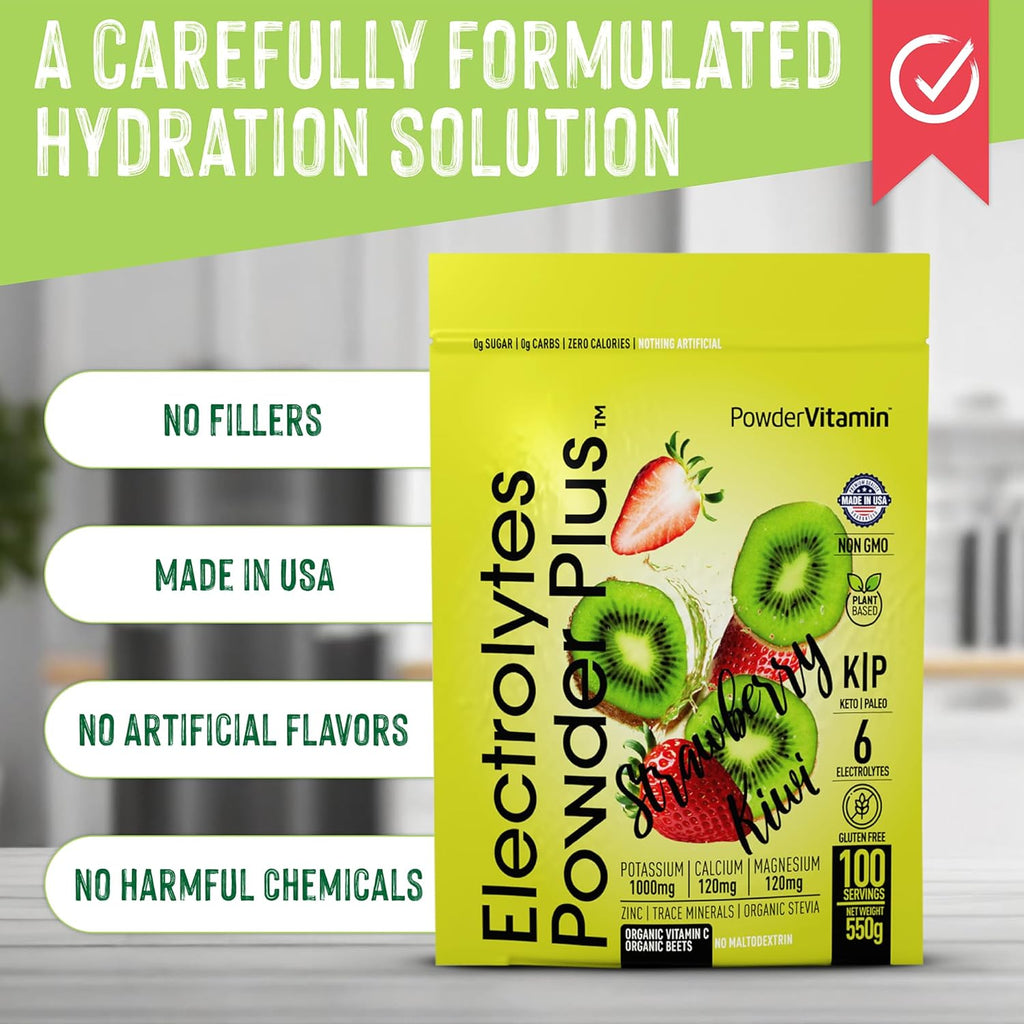 PowderVitamin Electrolytes Powder Plus (100 Servings) Strawberry Kiwi Electrolyte Powder Zero Calorie Keto,0 Sugar, No Maltodextrin,1000mg Potassium,120mg Calcium,120mg Magnesium, Hydration Powder