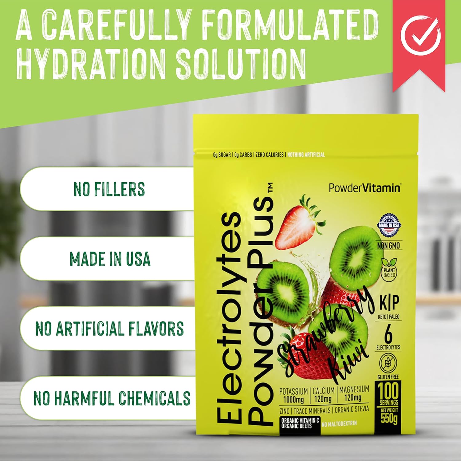 PowderVitamin Electrolytes Powder Plus (100 Servings) Strawberry Kiwi Electrolyte Powder Zero Calorie Keto,0 Sugar, No Maltodextrin,1000mg Potassium,120mg Calcium,120mg Magnesium, Hydration Powder