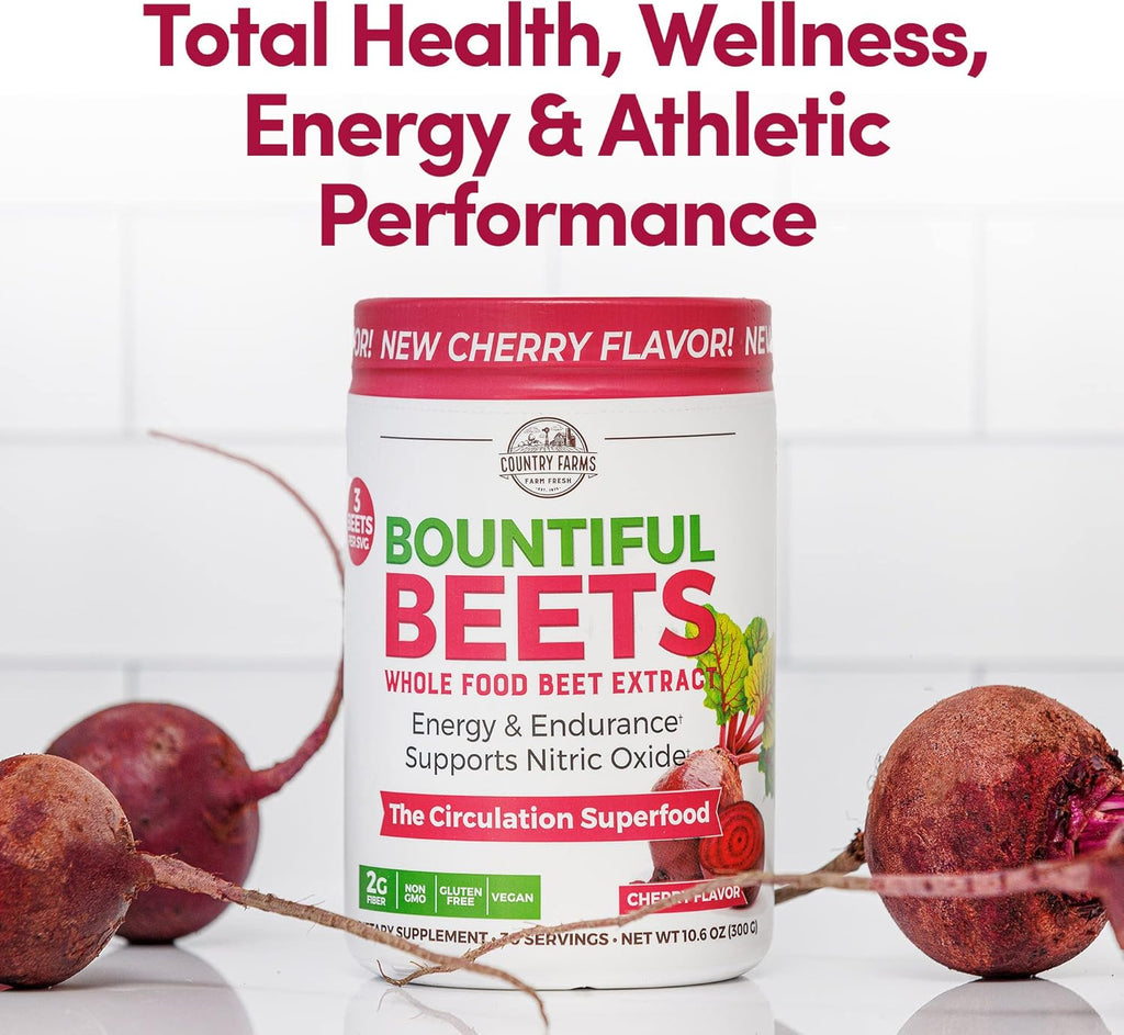 Country Farms Bountiful Beets, Wholefood Beet Extract Superfood, Helps Support Healthy Circulation and Promote Energy, Nitric Oxide Boost, Cherry Flavor, 30 Servings