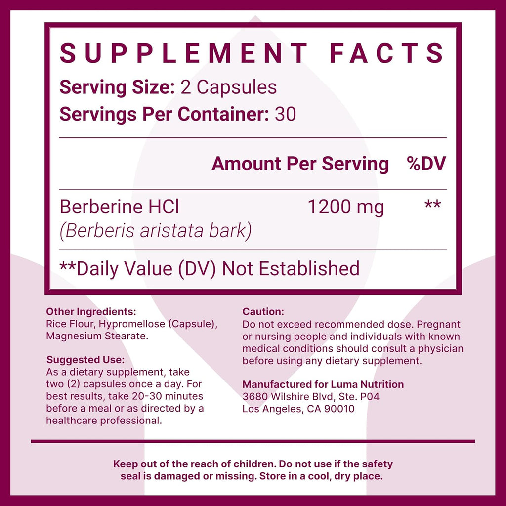 Luma Nutrition Berberine Supplement - Berberine HCL 1200mg Per Serving - Vegan, Gluten Free, Non-GMO - 60 Capsules