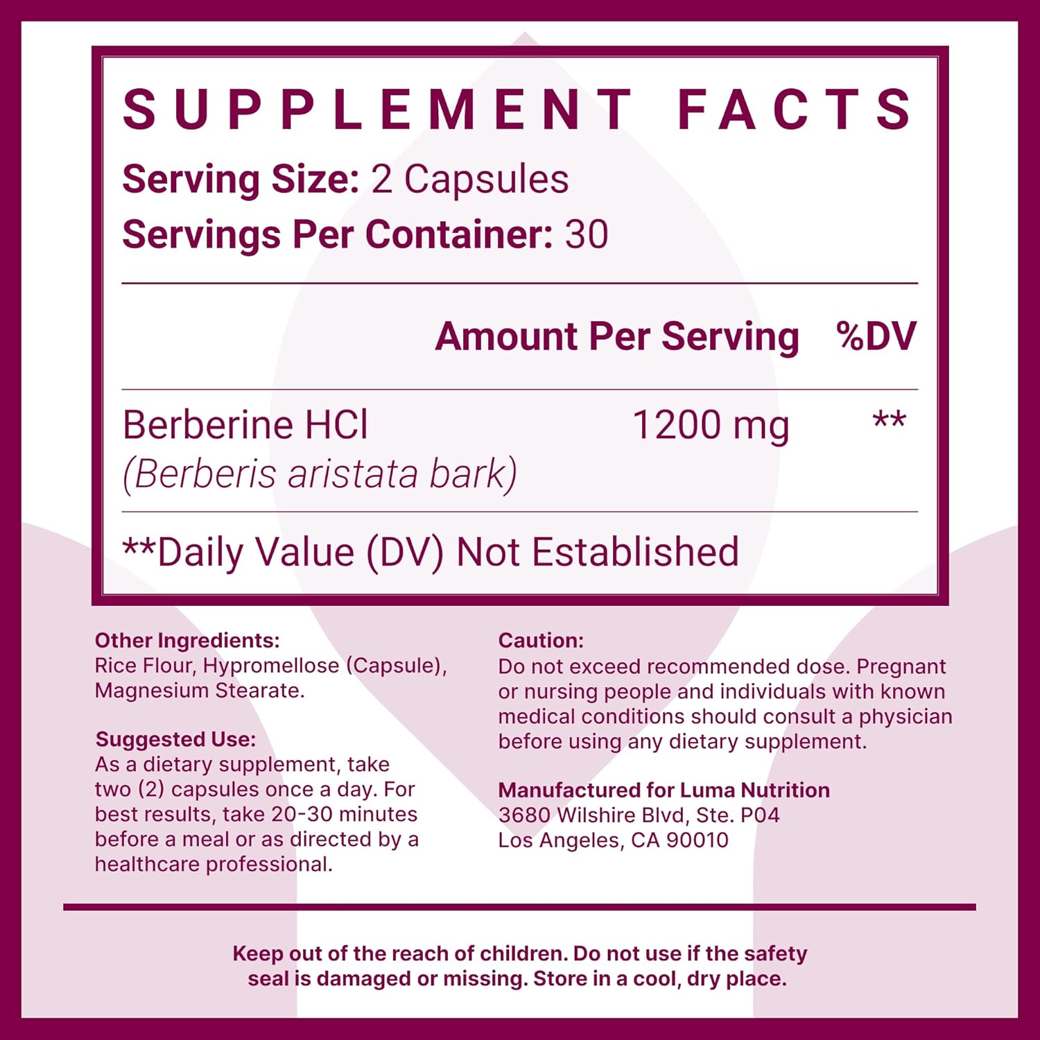 Luma Nutrition Berberine Supplement - Berberine HCL 1200mg Per Serving - Vegan, Gluten Free, Non-GMO - 60 Capsules