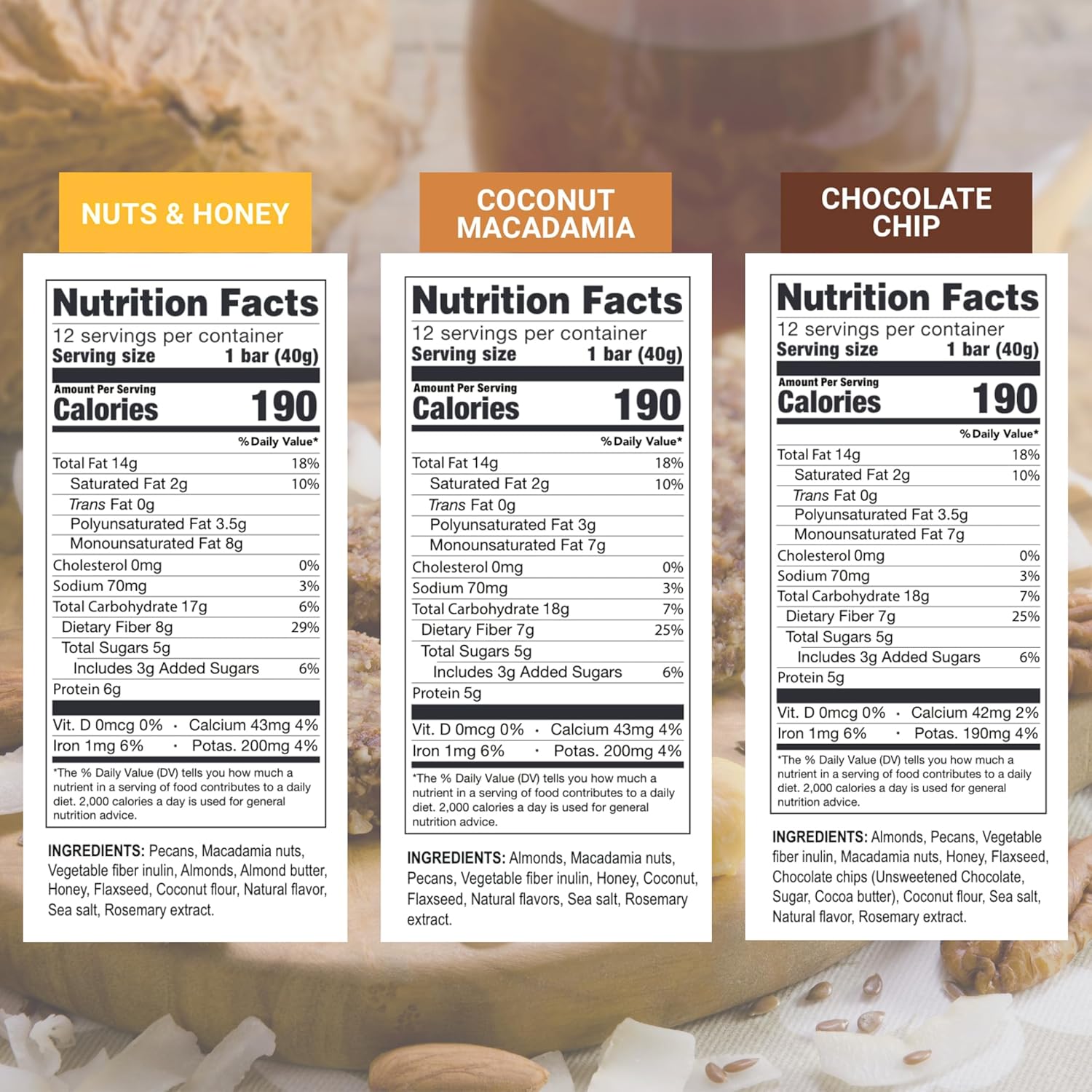 Prolon Fasting Bars | 5g Protein, 7g Fiber | Keto-Friendly, Gluten-Free, Dairy-Free, Plant-Based | Nutrition for Intermittent Fasting | Variety Pack | Nuts & Honey, Chocolate Chip, Coconut Macadamia (24 Count)