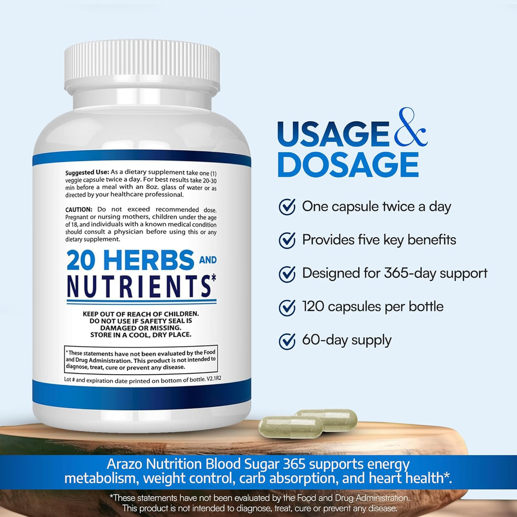Arazo Nutrition Blood Sugar 365 Supplement – Supports Healthy Energy Levels - 120 Herbal Pills - 60 Day Supply (Pack of 2)