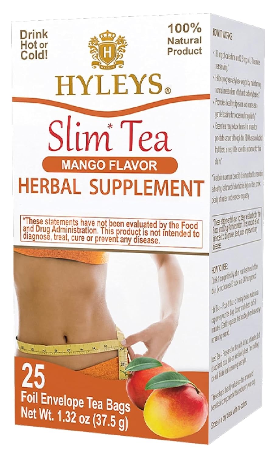 Hyleys Slim Tea Mango Flavor - Weight Loss Herbal Supplement Cleanse and Detox - 25 Tea Bags (6 Pack)