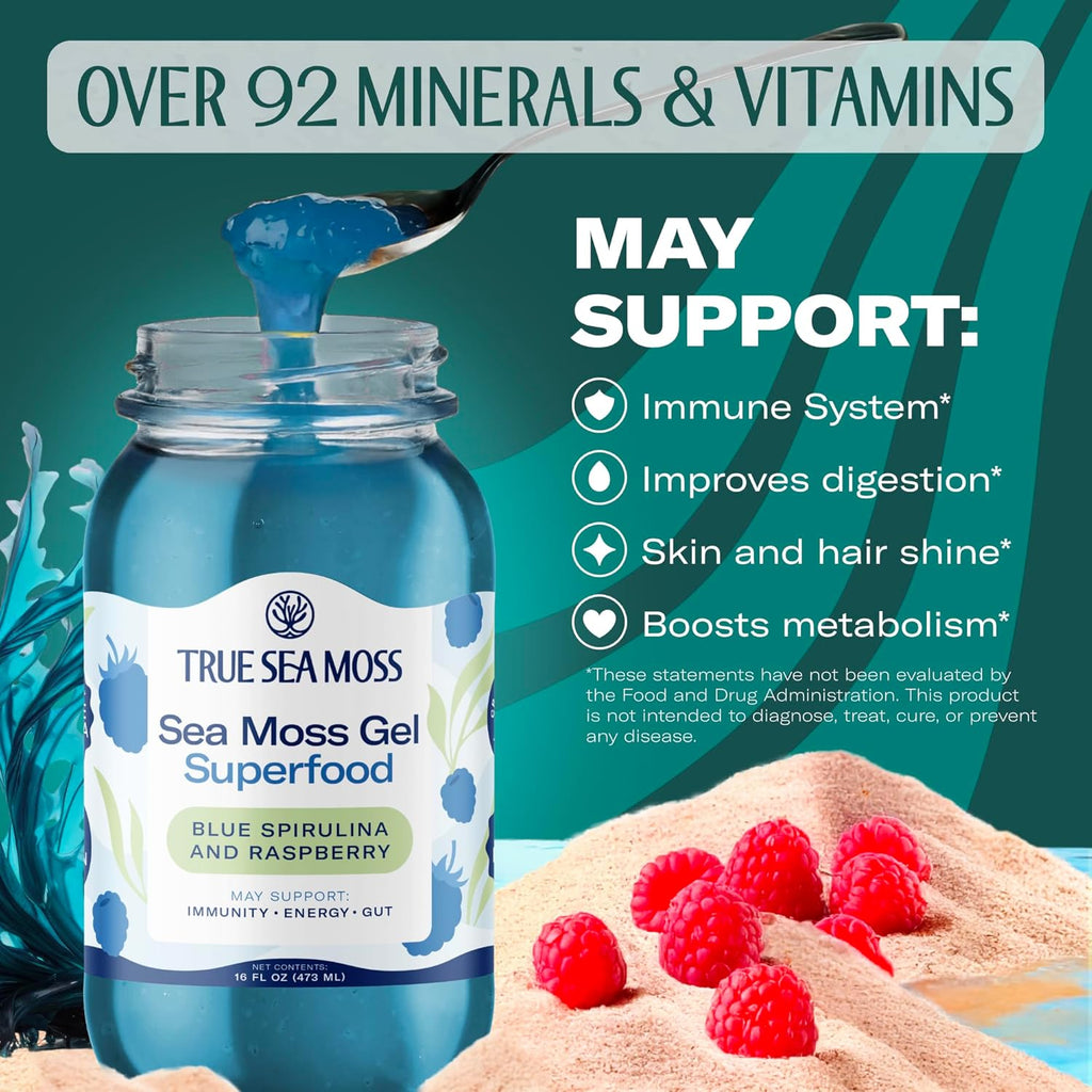 TrueSeaMoss Sea Moss Gel – Made in USA – Wildcrafted Seamoss, Fresh Fruits & Sea Vegetables – Blue Spirulina, Pack of 2 (Labels May Vary)